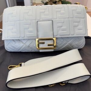 FENDI Nappa FF 1974 Embossed Large Baguette White